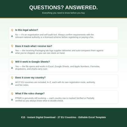 EU Packaging (PPWR) Compliance Framework — Digital Excel Template